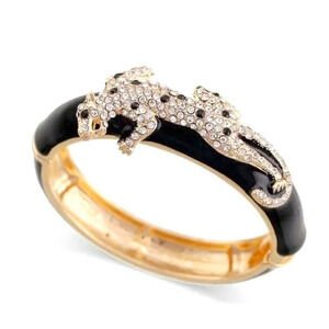 Chic Black Enamel & Gold Tone Crystal Leopard Hinged Bangle Bracelet Jungle Cat